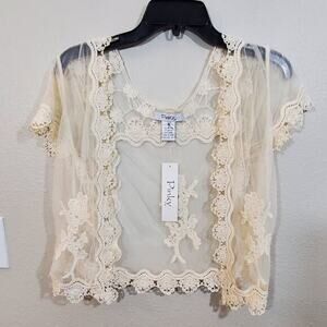 Pinky cream lace crocheted boloero jacket Cardigan‎ coverup Size Medium New